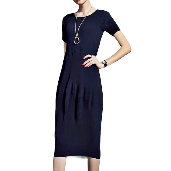 Navy Blue Modest Classic Short Sleeve Sheath Midi Dres - Picture 1 of 7